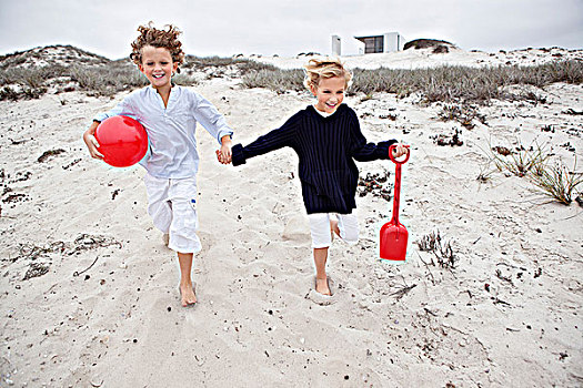 孩子,拿着,玩具,跑,沙滩