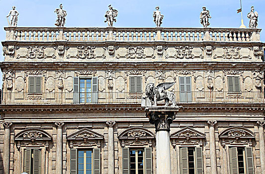 华美,建筑,正面,狮子,雕塑,柱子,维罗纳,意大利,欧洲