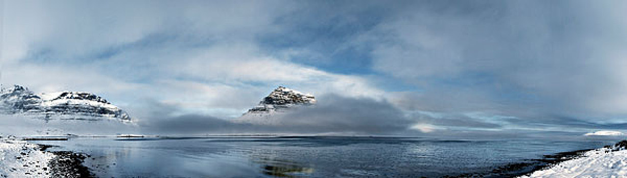 山,湾,冰岛,围绕,雾,冬天,白天