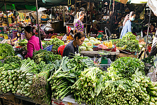 菜摊,市场,金边,柬埔寨,亚洲