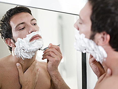 男人,脸,剃须膏,剃刀,反射,头像