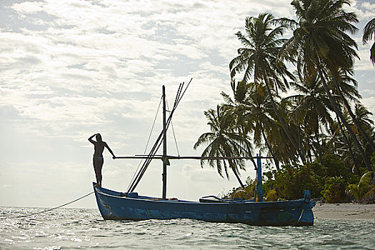 女人,小,传统,渔船,岛屿,北方,环礁,马尔代夫
