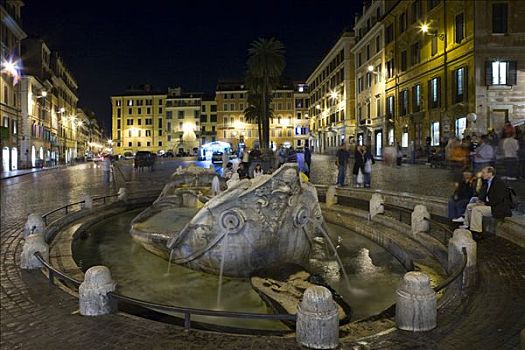 喷泉,西班牙广场,夜晚,罗马,意大利,欧洲