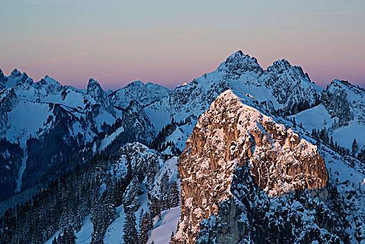 日出,山,冬天,风景,靠近,乌伯阿玛高,阿尔卑斯山,上巴伐利亚,巴伐利亚,德国