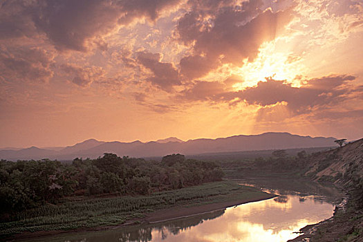 壮观,日落,上方,奥莫河,靠近,乡村,埃塞俄比亚,非洲