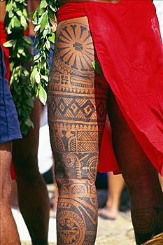 法属玻利尼西亚,塔希提岛,特写,传统,纹身,男人,腿