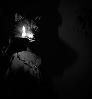 年轻,女孩,戴着,狐狸,面具,拿着,灯光,蜡烛