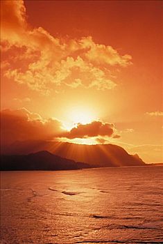 夏威夷,考艾岛,北岸,日落,上方,巴厘海