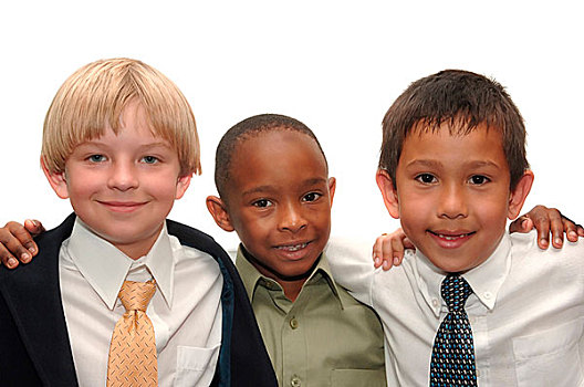 三个男孩,职业装,手臂,相互,肩部,白色背景