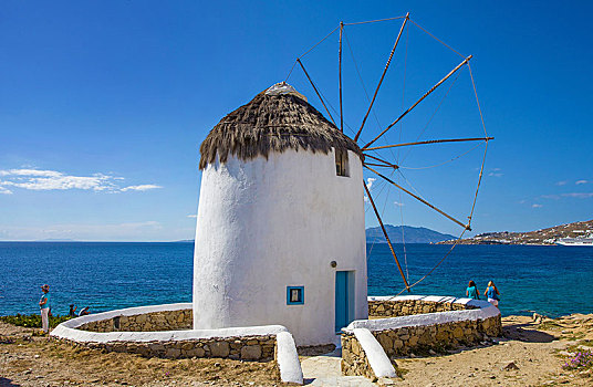 风车,海岸,米克诺斯岛,城市,基克拉迪群岛,爱琴海,希腊,欧洲