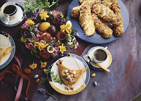 蓬松饼,母鸡,糖豆,彩色,复活节餐桌