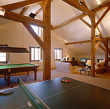 跃层,谷仓,转换,客厅,舒适,沙发,电视,一个,角,留白,台球,乒乓球,并排