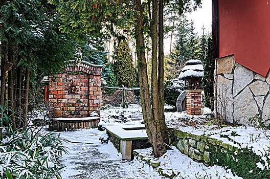 砖墙,座椅,冬天,花园,雪地,华沙,波兰