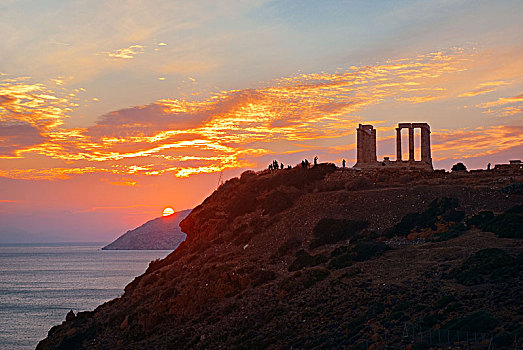 日落,海神殿,靠近,雅典,希腊