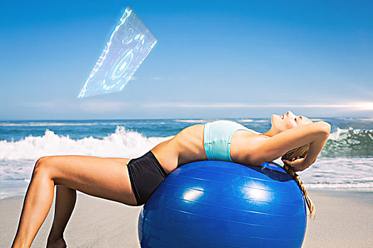 健身,女人,躺着,健身球,海滩,伸展