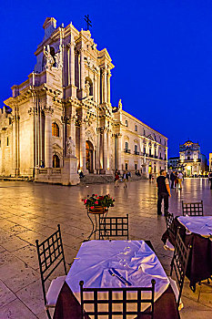 大教堂,锡拉库扎,黄昏,大教堂广场,奥提吉亚岛,西西里,意大利