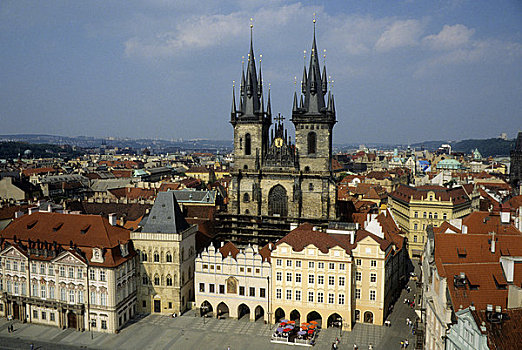 捷克共和国,布拉格,老城广场,旧城广场,提恩教堂,市政厅,塔