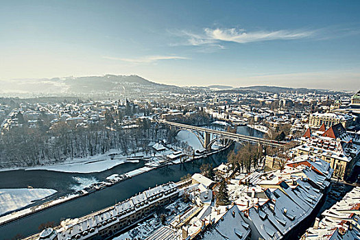 俯拍,河,城市,积雪,屋顶,伯尔尼,瑞士