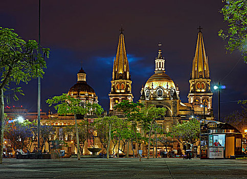 瓜达拉哈拉,墨西哥,城市教堂,夜景,光亮,后视图