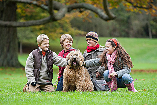 四个孩子,公园,蹲,抚摸,狗