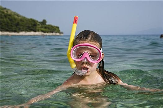 小女孩,戴着,潜水面具,通气管,克罗地亚,欧洲