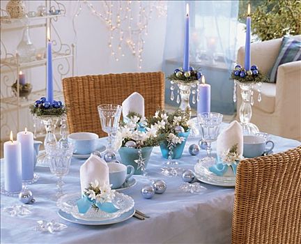 蓝色,白色,圣诞桌,装饰