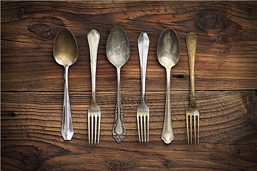 老,叉子,勺子,木质背景