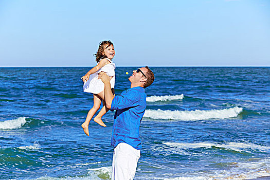 家庭,父亲,拿着,女儿,玩,海岸