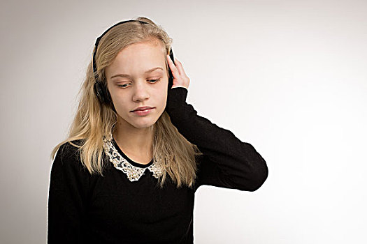 青少年,金发,女孩,听,耳机