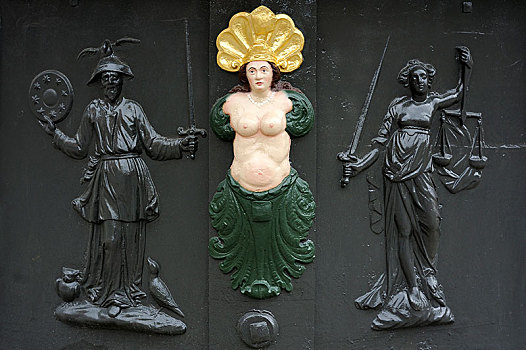 三个,浮雕,喷泉,弗伊志瓦根,中间,弗兰克尼亚,巴伐利亚,德国,欧洲