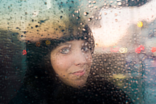 女人,向外看,雨,溅,窗户