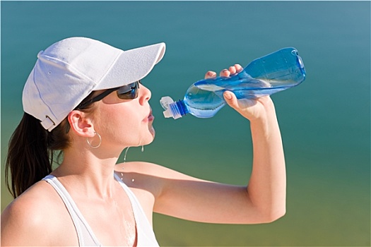 夏季运动,健身,女人,喝,水瓶