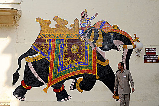 正面,壁画,大象,骑乘,城市,宫殿,乌代浦尔,拉贾斯坦邦,北印度,印度,南亚,亚洲