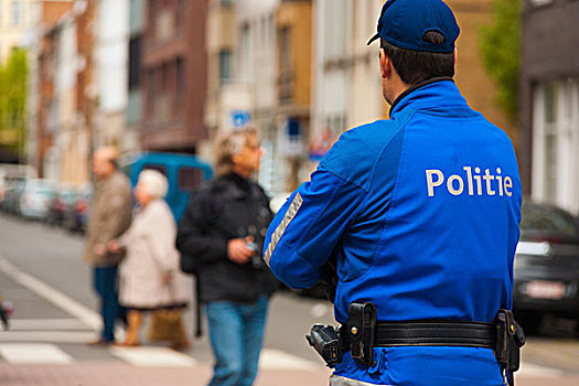 欧洲,警察,蓝色,制服,背影,一个