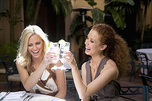 两个女人,微笑,祝酒,饮料,酒店,比尔提默酒店,珊瑚顶市,佛罗里达,美国
