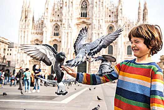 男孩,喂食,鸽子,米兰,大教堂广场,伦巴第,意大利
