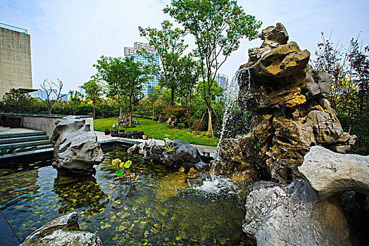 水池,喷泉,假山