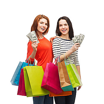 购物,销售,礼物,概念,两个,微笑,少女,购物袋,钱