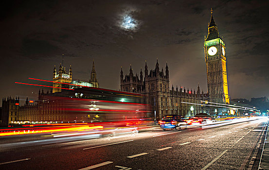 威斯敏斯特宫,大本钟,夜晚,红色,双层巴士,威斯敏斯特桥,动感,伦敦,英格兰,英国