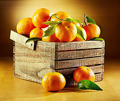 新鲜,柑橘,叶子,木盒