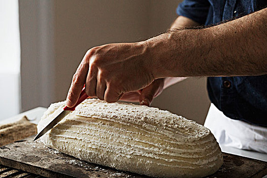 特写,做糕点,切片,新鲜,烘制,长条面包,面包刀