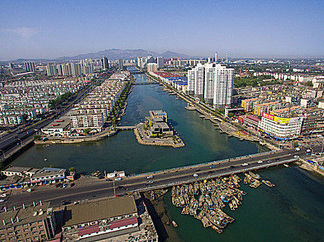 航拍,俯拍,全景,秦皇岛,建筑,新开河,河流,码头,桥梁,渔船,工厂