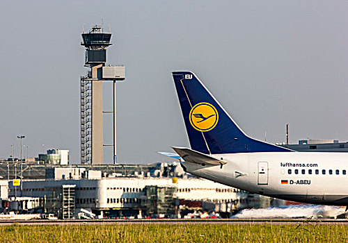 尾部,汉莎航空公司,波音,控制塔,杜塞尔多夫,国际,机场,北莱茵威斯特伐利亚,德国,欧洲