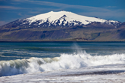 海滩,海浪,后面,积雪,火山,冰河,半岛,斯奈山半岛,西部,冰岛,韦斯特兰德,欧洲