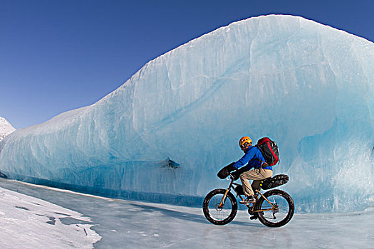 男人,脂肪,轮胎,山地车,冰,冰河,楚加奇山,阿拉斯加,冬天