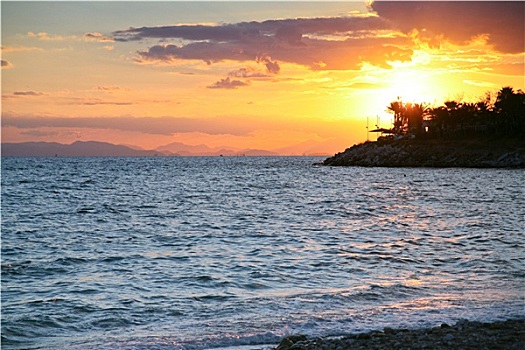 日落,萨罗尼克湾,海湾,靠近,雅典,希腊