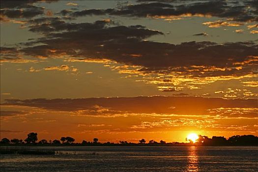 日落,上方,乔贝,河,乔贝国家公园,博茨瓦纳,非洲