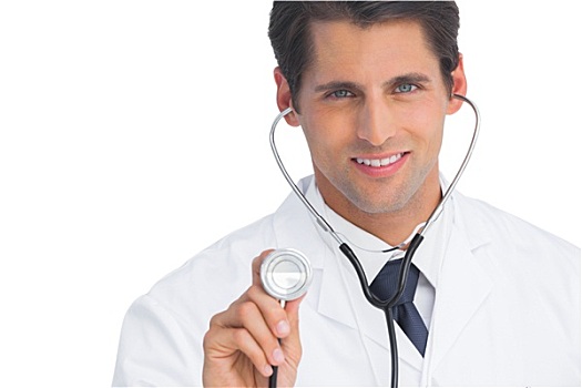 医生,微笑,拿着,向上,听诊器,白色背景,背景