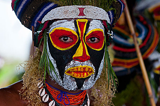 彩色,服装,脸,涂绘,部落,庆贺,传统,唱歌,高地,巴布亚新几内亚,美拉尼西亚