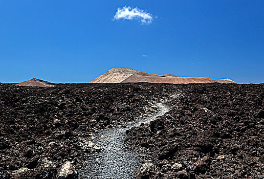 小路,熔岩原,火山地貌,火山,火山口,背影,兰索罗特岛,加纳利群岛,西班牙,欧洲